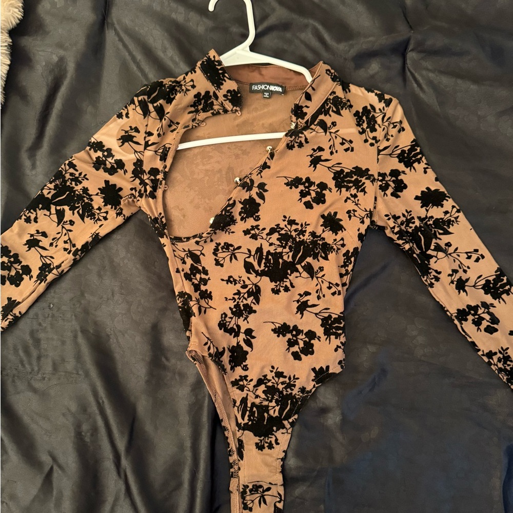 Fashion Nova Tan and Black Floral Bodysuit